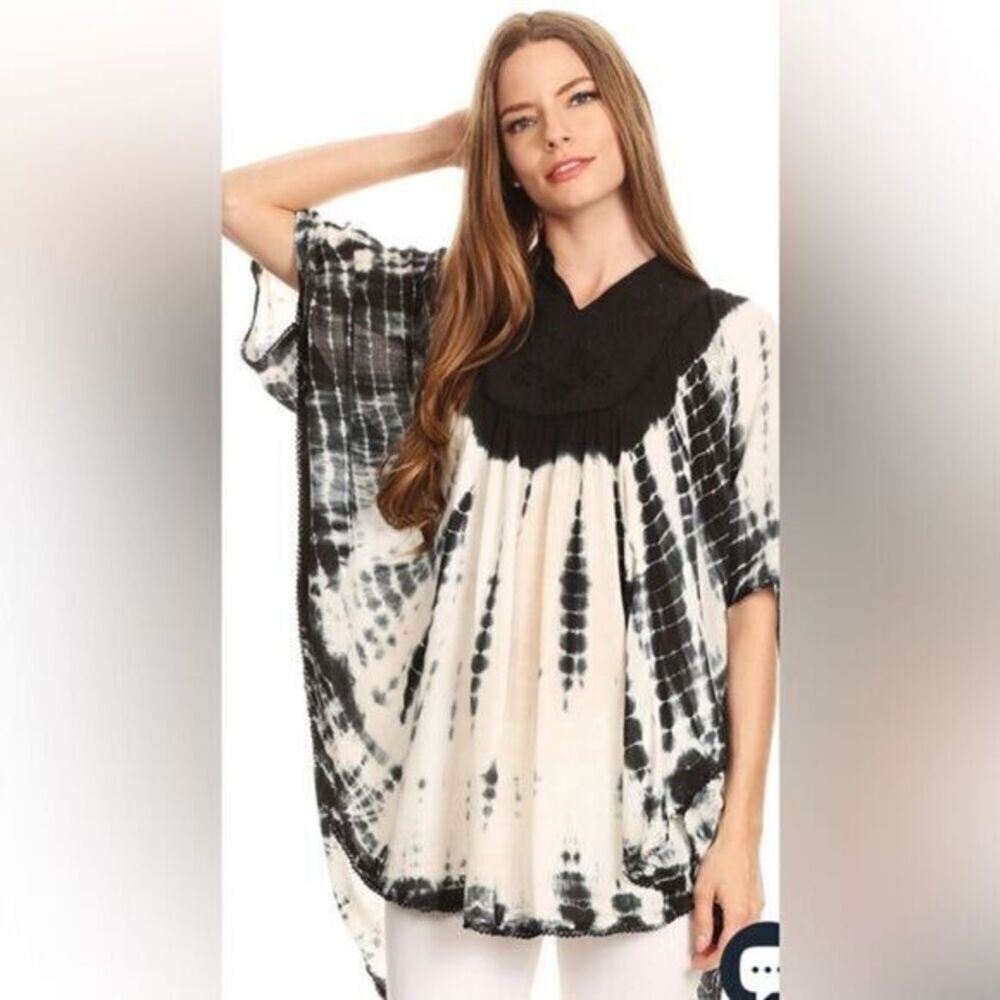NWT Sakkas Women’s Martina Embroidered Black Tie Dye Poncho Top Cover Up - OS